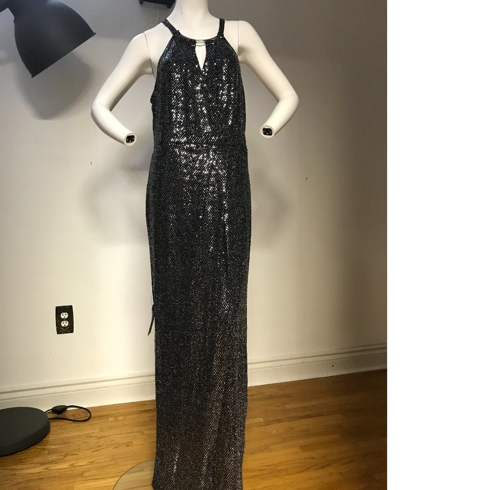 Le Chateau Black Silver Metallic Payette Maxi Gala Dress Gown  Wedding Slit NWT - Picture 5 of 9
